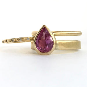 Pink pear shape sapphire and diamond stacking interlocking treble band 18ct yellow gold contemporary ringset ring