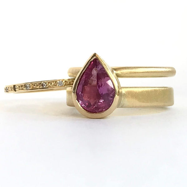 Pink pear shape sapphire and diamond stacking interlocking treble band 18ct yellow gold contemporary ringset ring