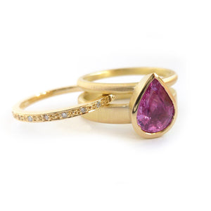 Pink pear shape sapphire and diamond stacking interlocking treble band 18ct yellow gold contemporary ringset ring