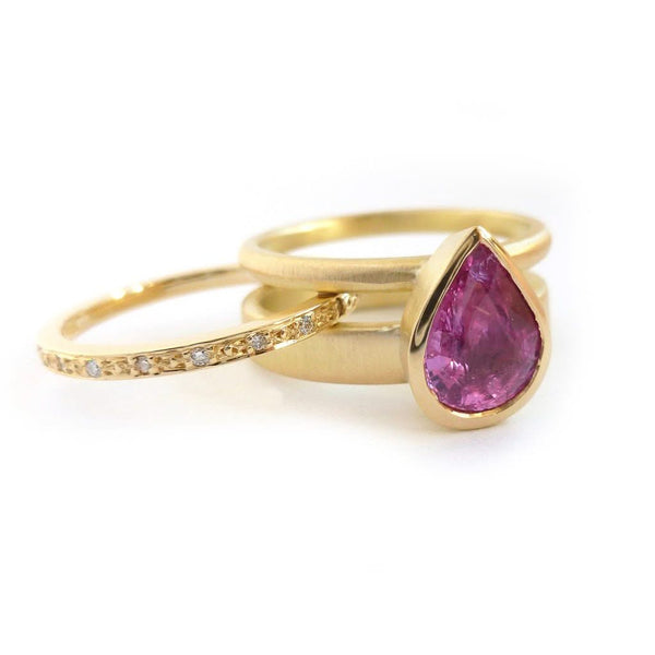 Pink pear shape sapphire and diamond stacking interlocking treble band 18ct yellow gold contemporary ringset ring