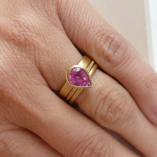 Pink pear shape sapphire and diamond stacking interlocking treble band 18ct yellow gold contemporary ringset ring