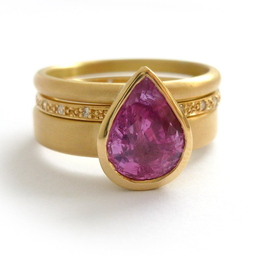 Pink pear shape sapphire and diamond stacking interlocking treble band 18ct yellow gold contemporary ringset ring