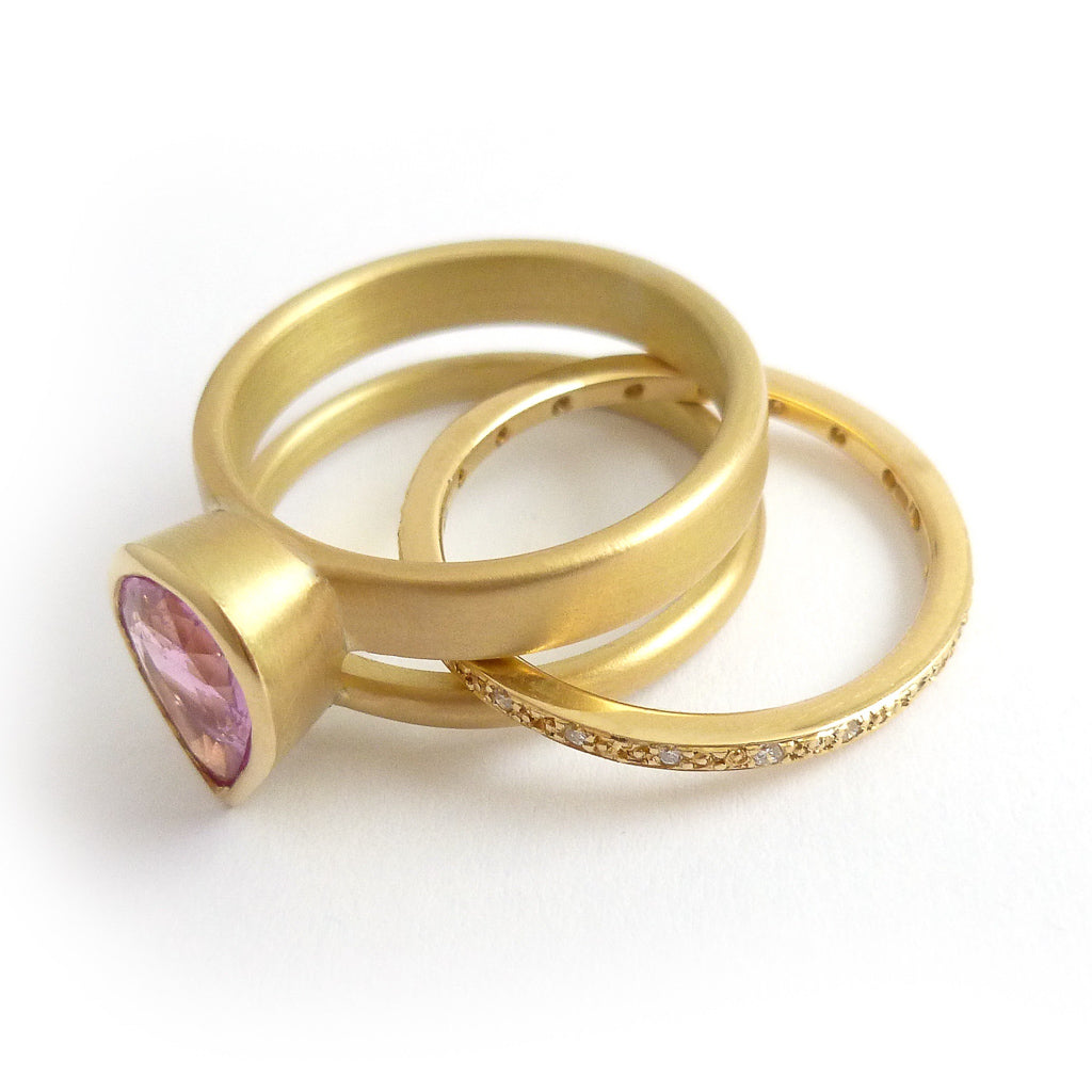 Pink pear shape sapphire and diamond stacking interlocking treble band 18ct yellow gold contemporary ringset ring