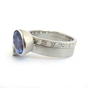 Platinum and tanzanite two band stacking ring set - contemporary, modern, bespoke and unique - interlocking.