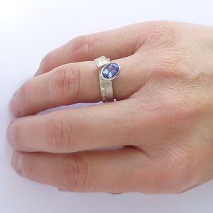 Platinum and tanzanite two band stacking ring set - contemporary, modern, bespoke and unique - interlocking.