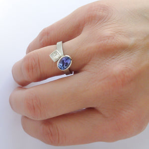 Platinum and tanzanite two band stacking ring set - contemporary, modern, bespoke and unique - interlocking.