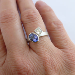 Platinum and tanzanite two band stacking ring set - contemporary, modern, bespoke and unique - interlocking.
