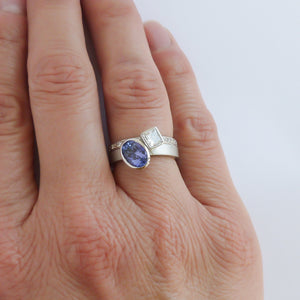 Platinum and tanzanite two band stacking ring set - contemporary, modern, bespoke and unique - interlocking.