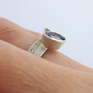 Platinum and tanzanite two band stacking ring set - contemporary, modern, bespoke and unique - interlocking.
