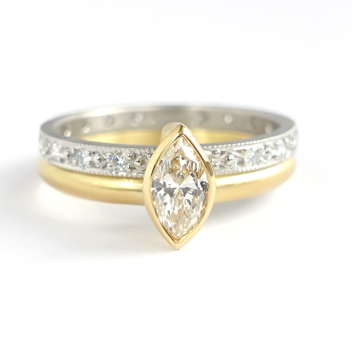 Platinum 18ct gold and marquise diamond ring, with pave set diamonds - contemporary.