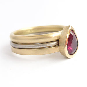 ruby 18ct yellow gold stacking ringset - perfect for a Ruby Anniversary. Unique and contemporary.