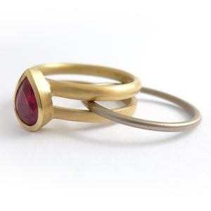ruby 18ct yellow gold stacking ringset - perfect for a Ruby Anniversary. Unique and contemporary.