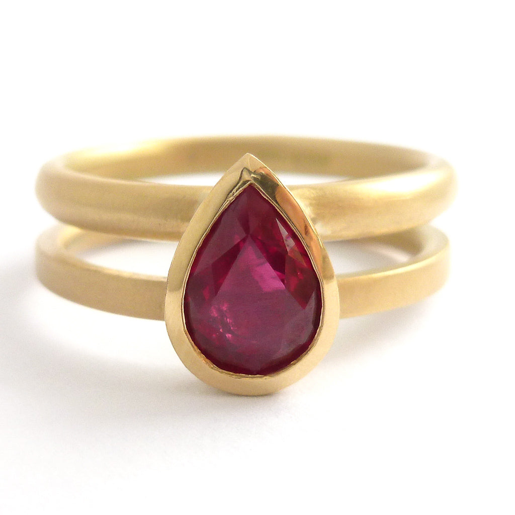 ruby 18ct yellow gold stacking ringset - perfect for a Ruby Anniversary. Unique and contemporary.