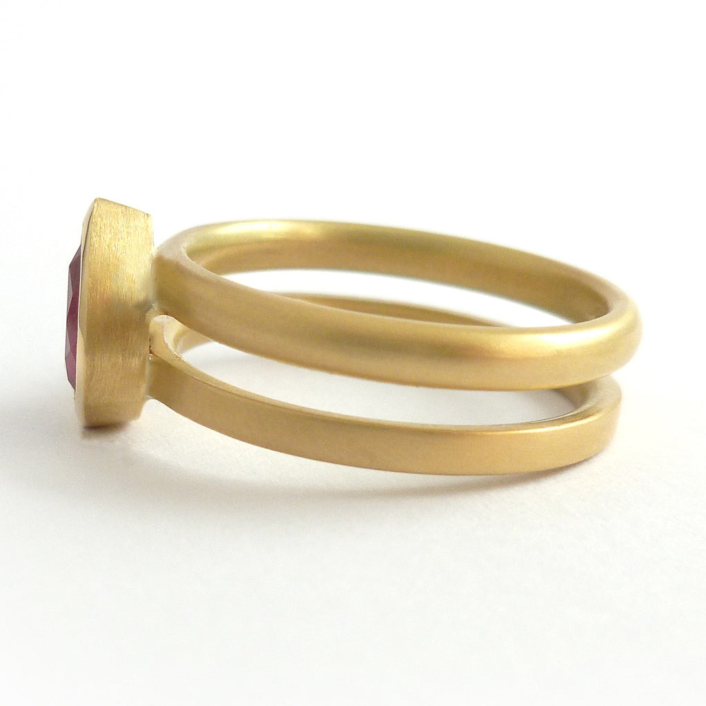 ruby 18ct yellow gold stacking ringset - perfect for a Ruby Anniversary. Unique and contemporary.