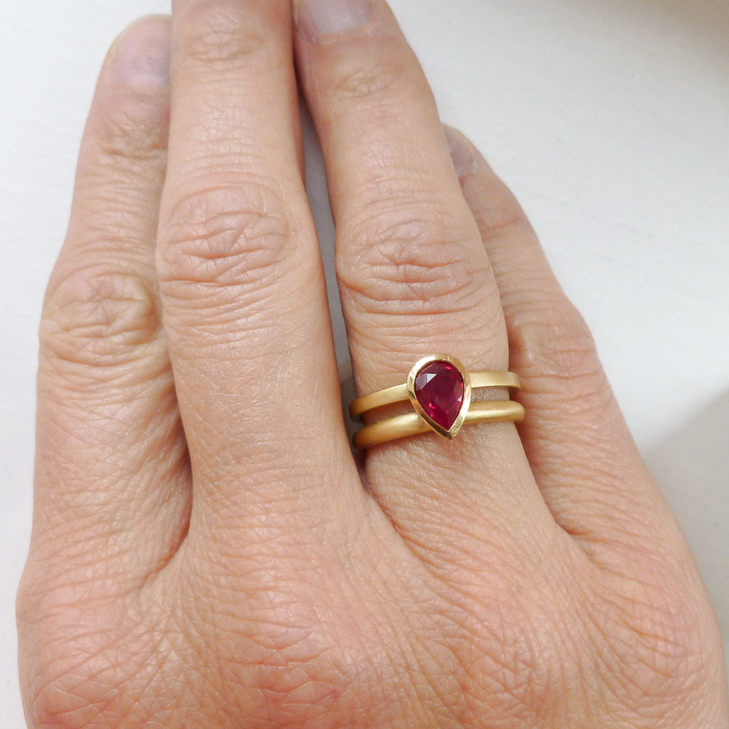Ruby 18ct gold stacking ringset Ruby Anniversary. Unique unusual. Sue Lane