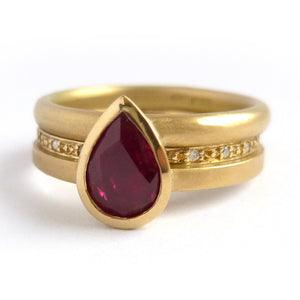 ruby 18ct yellow gold stacking ringset - perfect for a Ruby Anniversary. Unique and contemporary.
