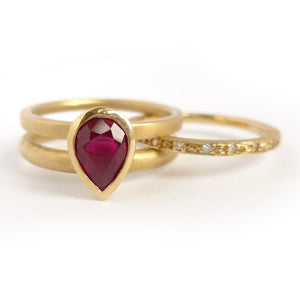 ruby 18ct yellow gold stacking ringset - perfect for a Ruby Anniversary. Unique and contemporary.