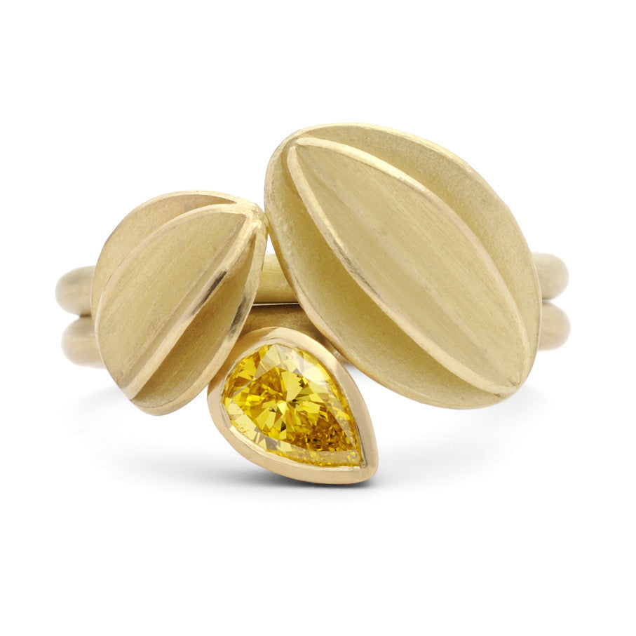 Unusual, unique, bespoke and modern statement gold yellow diamond stacking dress ring set handmade by designer maker Sue Lane contemporary Jewellery, UK