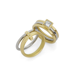 Contemporary, bespoke and modern 18k yellow gold square princess diamond engagement ring, commitment ring, matt brushed finish. Handmade by Sue Lane in Herefordshire, UK