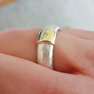 Contemporary and modern silver and 18k rose, yellow gold and diamond handmade ring with a brushed finish by Sue Lane jewellery. Men's wedding ring.