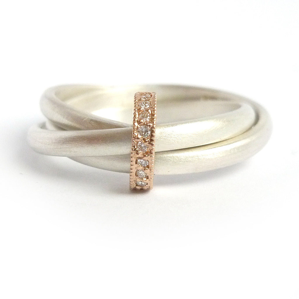 Silver, 18ct gold ring with 9 diamonds - modern and contemporary - Sue Lane