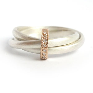 Unique modern silver and gold two tone Russian style wedding ring with diamonds 