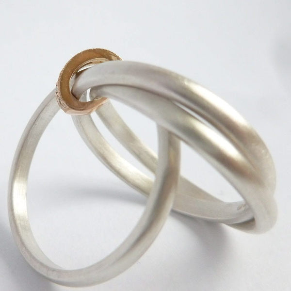 Unique modern silver and gold two tone Russian style wedding ring with diamonds 