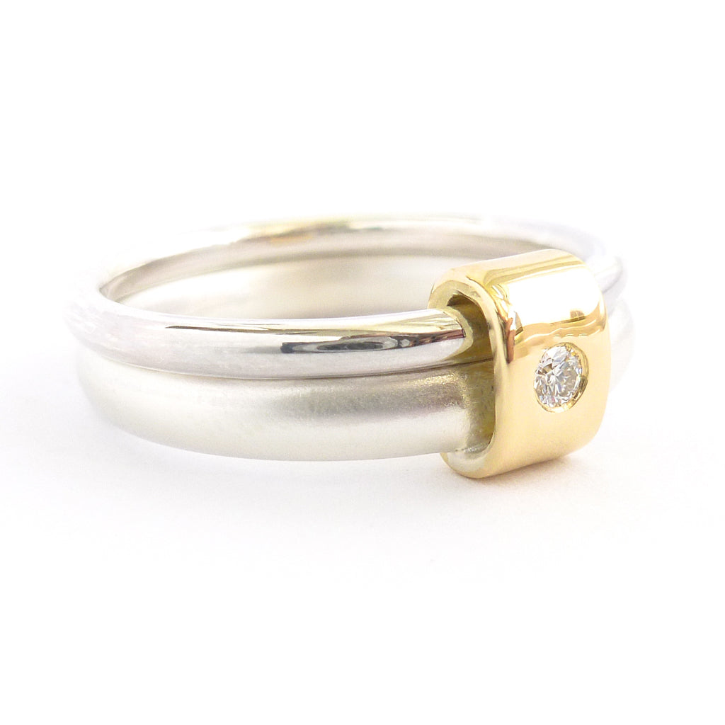 Unusual, unique, bespoke and modern two band silver, rose gold and diamond stacking ring with a brushed finish. Handmade by Sue Lane Contemporary Jewellery in Herefordshire, UK