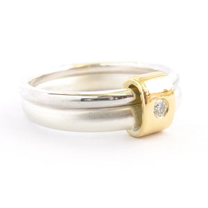 Unusual, unique, bespoke and modern two band silver, rose gold and diamond stacking ring with a brushed finish. Handmade by Sue Lane Contemporary Jewellery in Herefordshire, UK