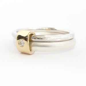 Unusual, unique, bespoke and modern two band silver, rose gold and diamond stacking ring with a brushed finish. Handmade by Sue Lane Contemporary Jewellery in Herefordshire, UK