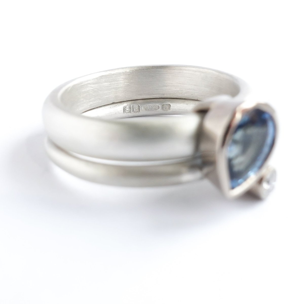 Silver and sapphire two band silver ring contemporary bespoke handmade Sue Lane