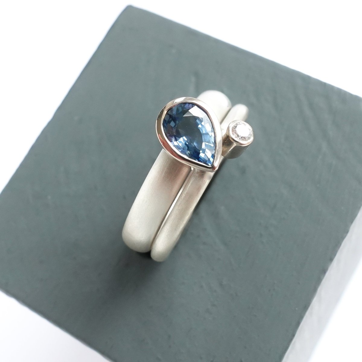 Silver and sapphire two band silver ring contemporary bespoke handmade Sue Lane