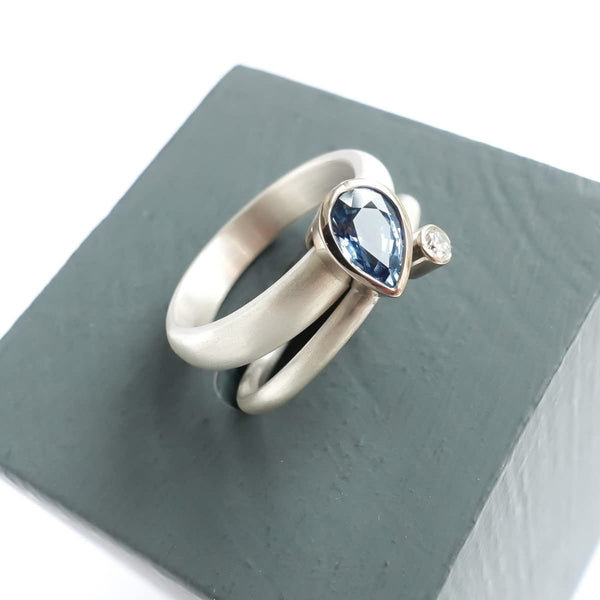 Silver and sapphire two band silver ring contemporary bespoke handmade Sue Lane