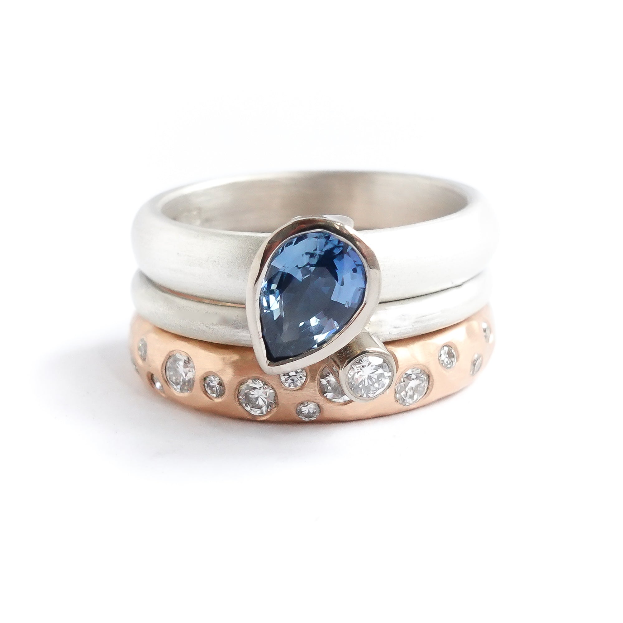 Silver and sapphire two band silver ring contemporary bespoke handmade Sue Lane
