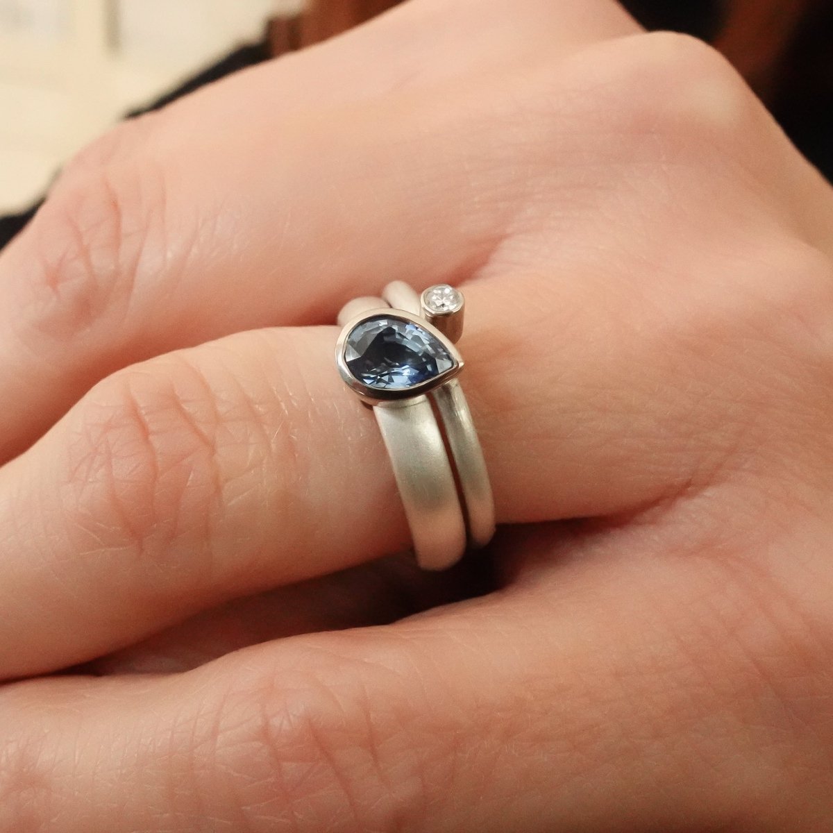 Silver and sapphire two band silver ring contemporary bespoke handmade Sue Lane