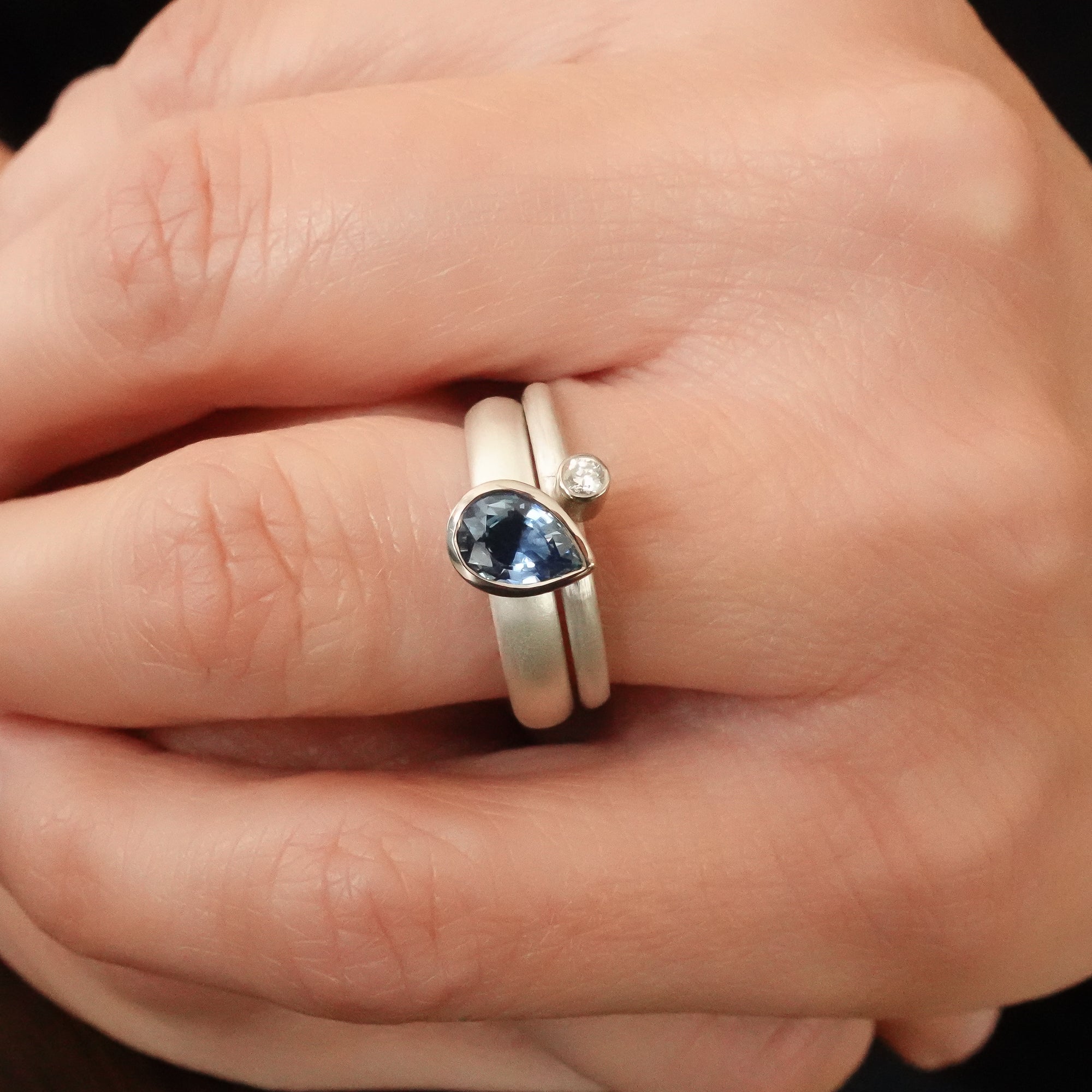 Silver and sapphire two band silver ring contemporary bespoke handmade Sue Lane