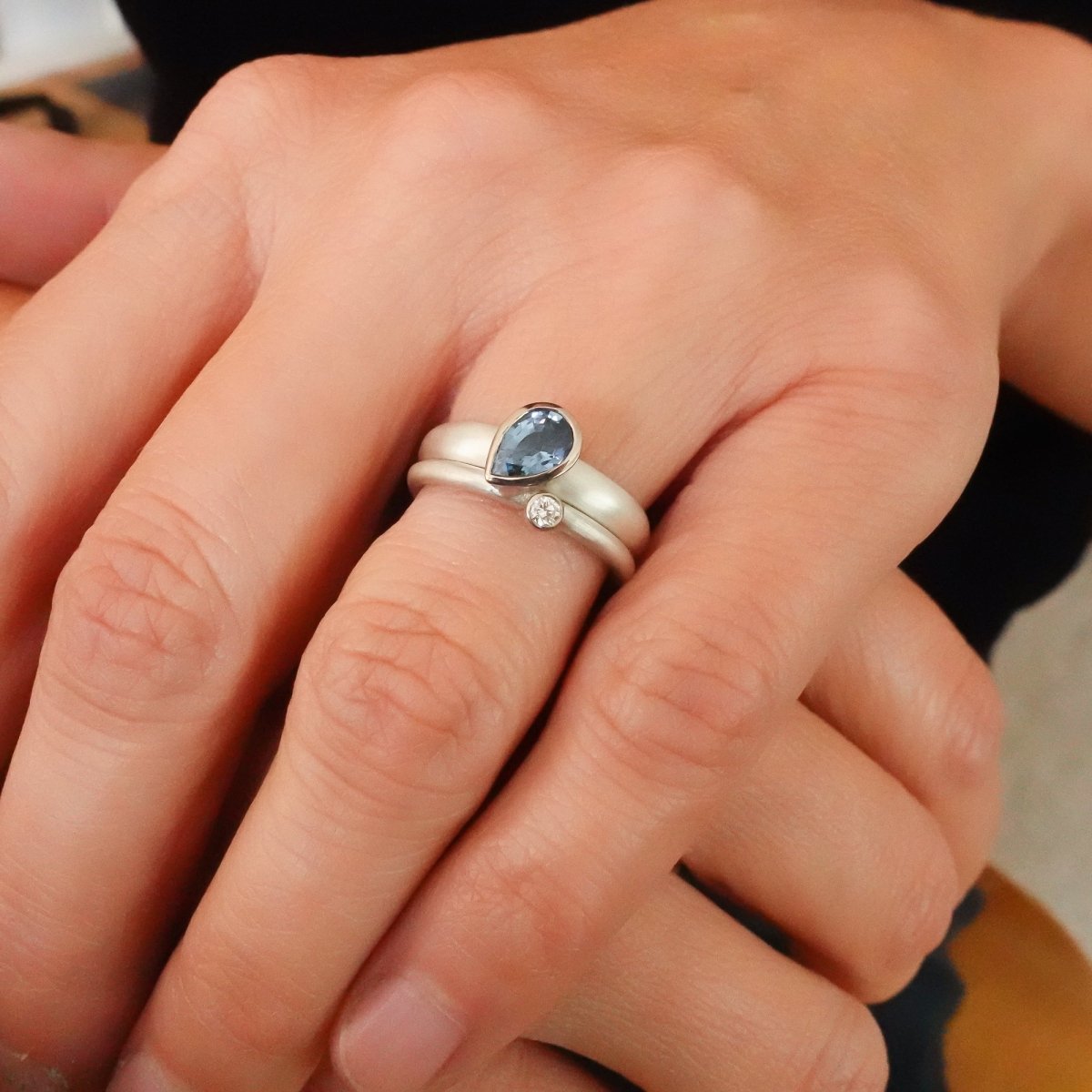 Silver and sapphire two band silver ring contemporary bespoke handmade Sue Lane