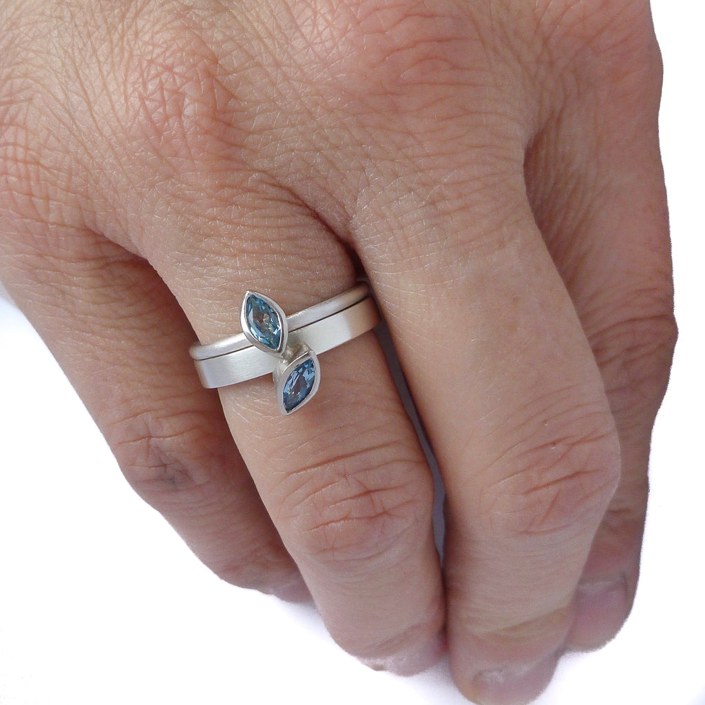 Silver 18ct gold two band aquamarine double band ring