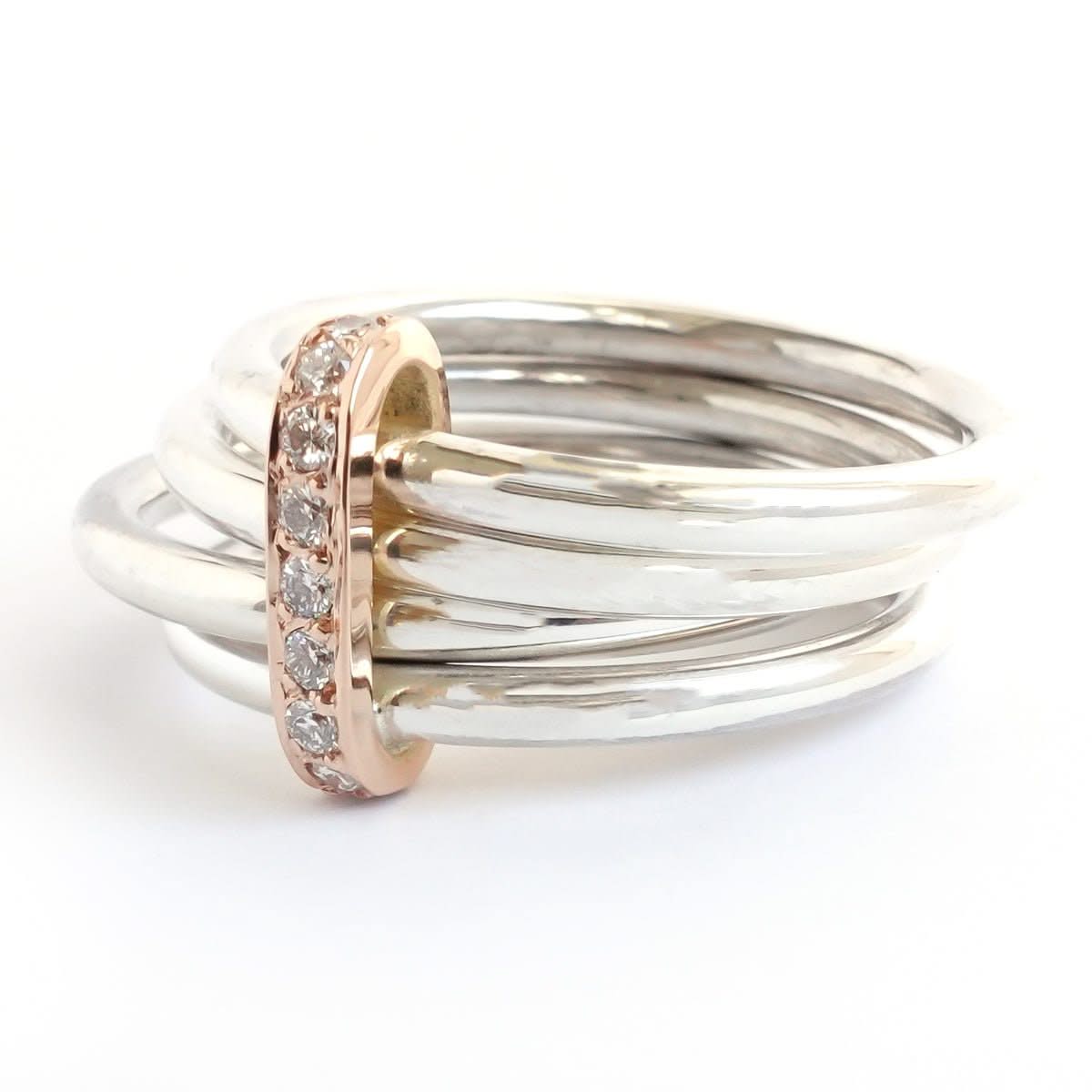Unique contemporary wide band silver and gold ring with white diamonds ...