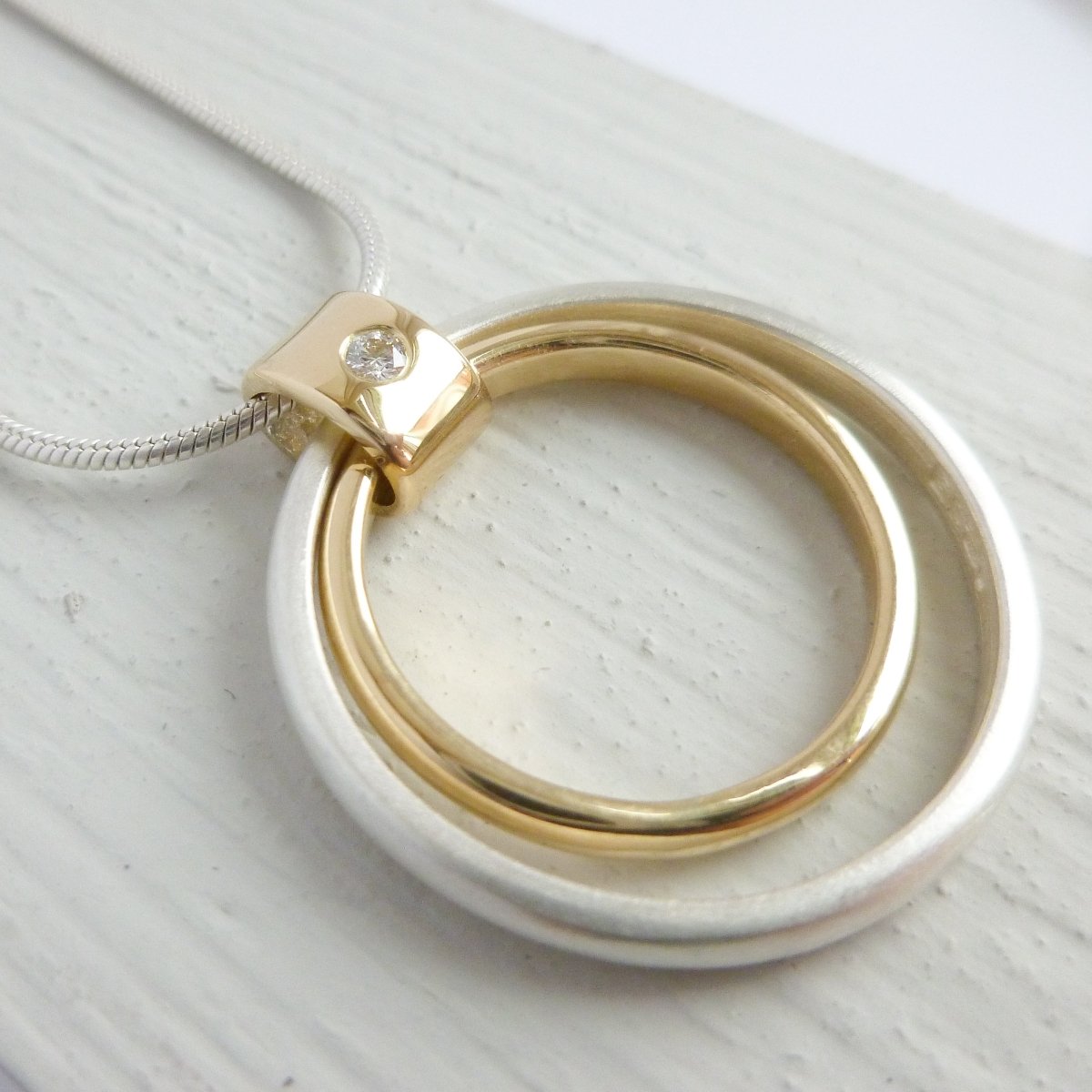 Unique Handmade Circle Silver 18ct Gold and Diamond Necklace