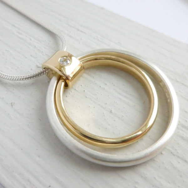 Unique Handmade Circle Silver 18ct Gold and Diamond Necklace