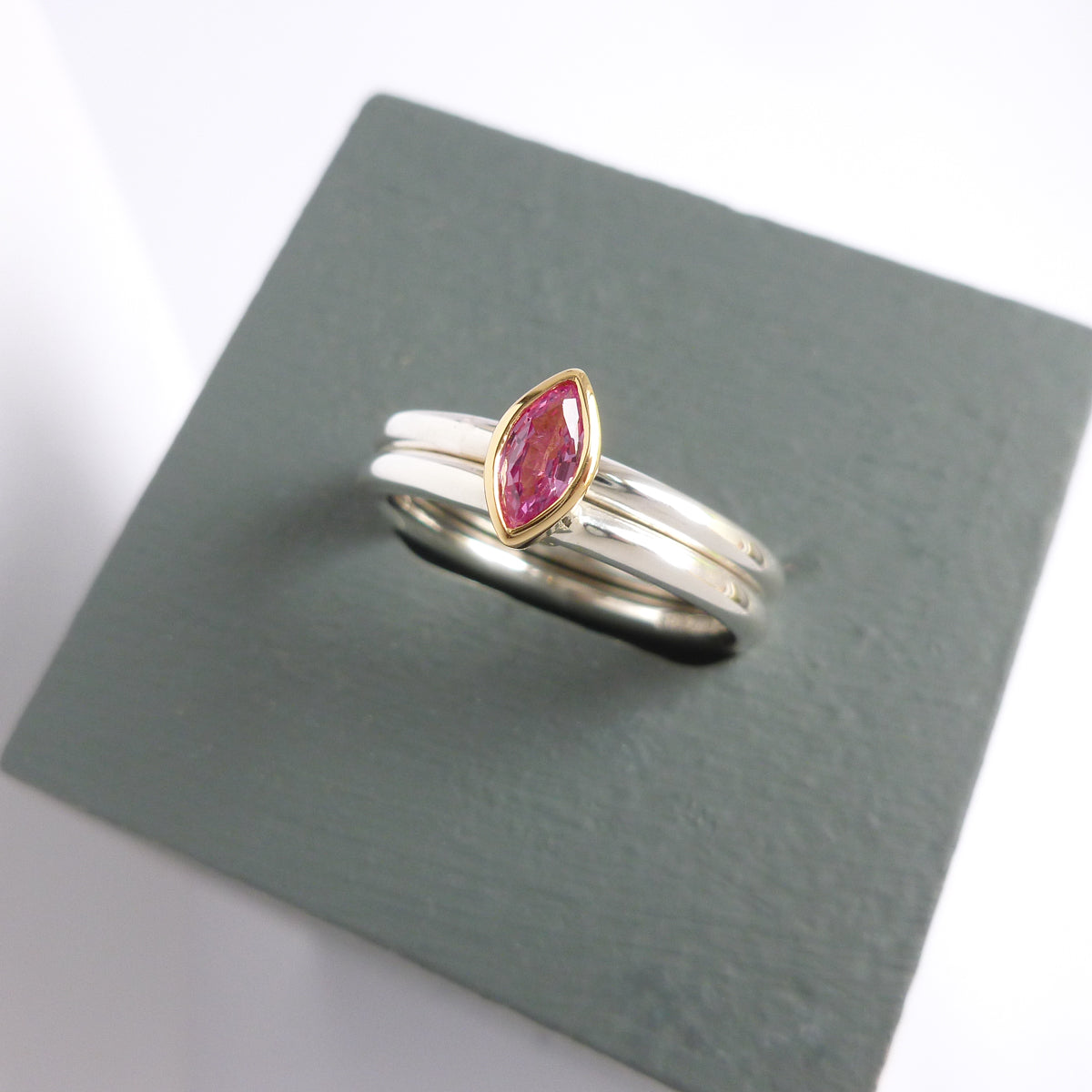 Unique contemporary bespoke handmade silver 18ct gold pink sapphire by Sue Lane designer jewellery