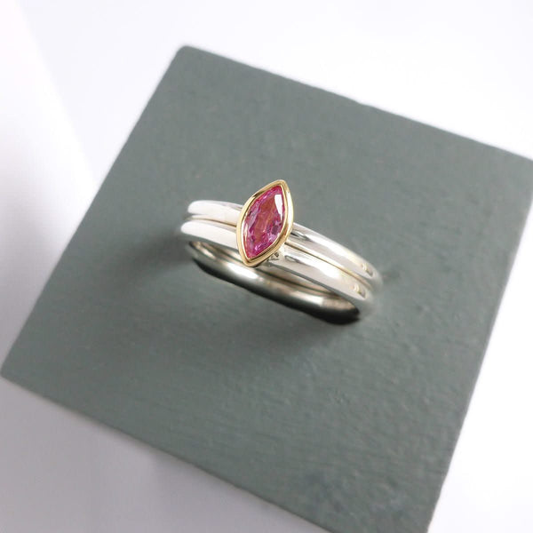 Unique contemporary bespoke handmade silver 18ct gold pink sapphire by Sue Lane designer jewellery