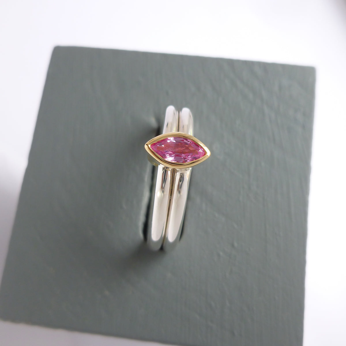 Unique contemporary bespoke handmade silver 18ct gold pink sapphire by Sue Lane designer jewellery