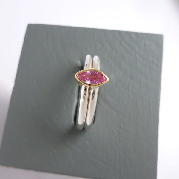 Unique contemporary bespoke handmade silver 18ct gold pink sapphire by Sue Lane designer jewellery
