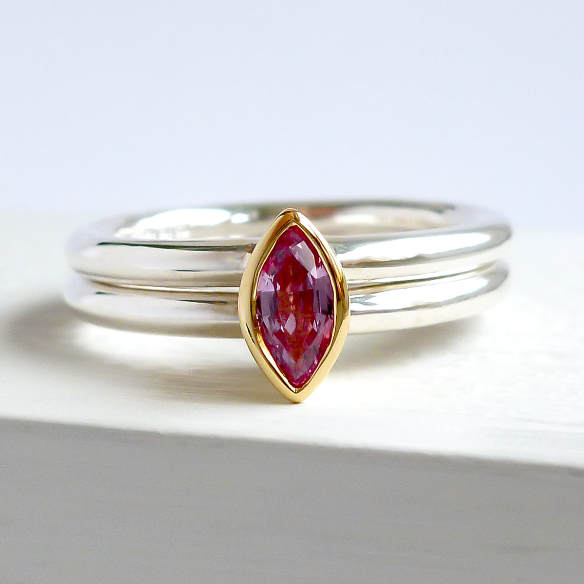 Unique contemporary bespoke handmade silver 18ct gold pink sapphire by Sue Lane designer jewellery