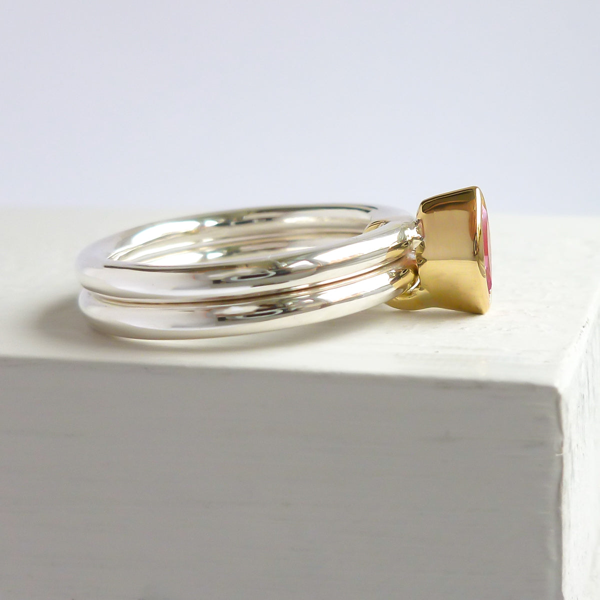 Unique contemporary bespoke handmade silver 18ct gold pink sapphire by Sue Lane designer jewellery