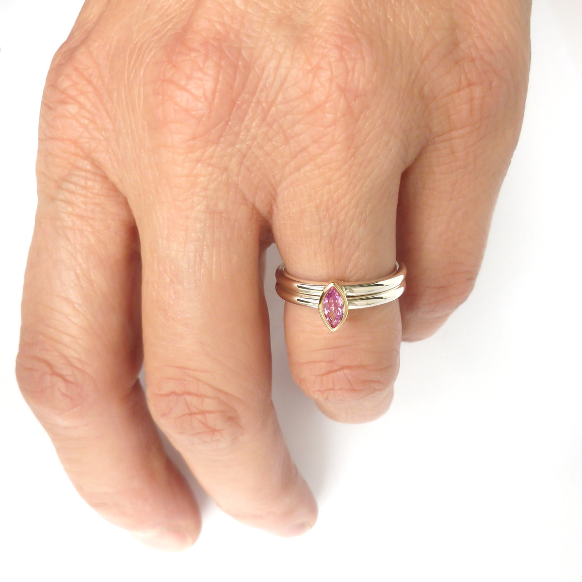 Unique contemporary bespoke handmade silver 18ct gold pink sapphire by Sue Lane designer jewellery