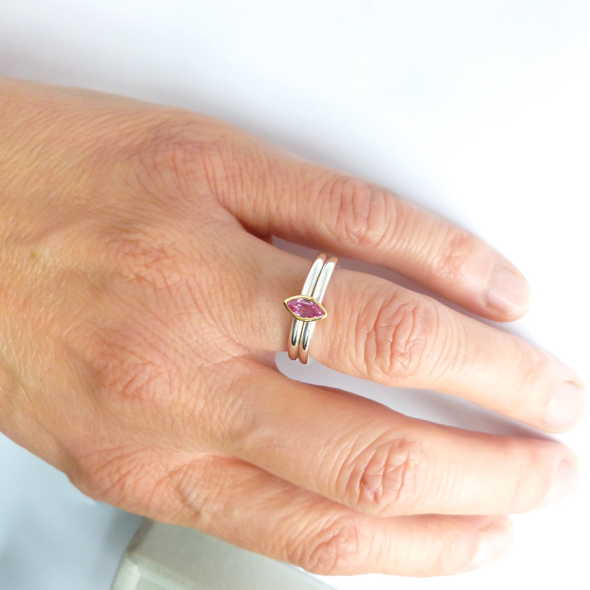 Unique contemporary bespoke handmade silver 18ct gold pink sapphire by Sue Lane designer jewellery