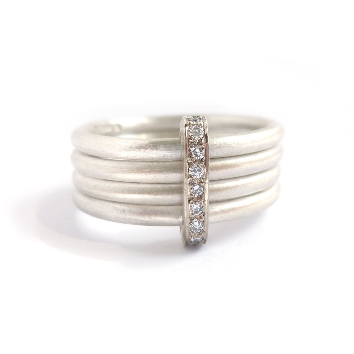 Modern contemporary silver and gold two tone pave set diamond ring handmade by Sue Lane